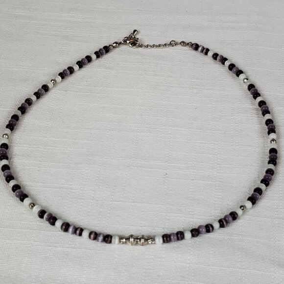 Shiny Purple & White Tiny Round Cats Eye Necklace Adjustable - Picture 4 of 6